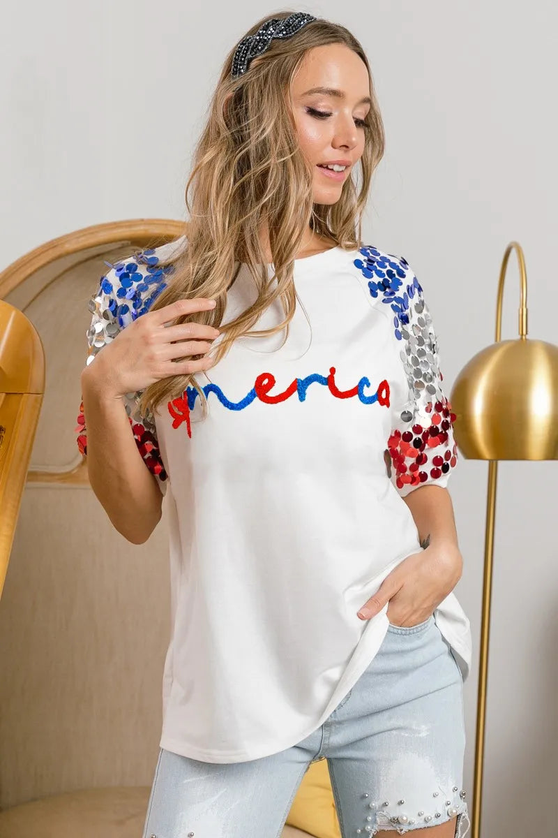 BiBi America Letter Applique Spangle Puff Sleeves Top OutfitFlow