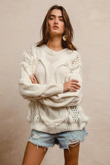 BiBi Faux Fur Detailed Pointelle Cable Knit Sweater OutfitFlow