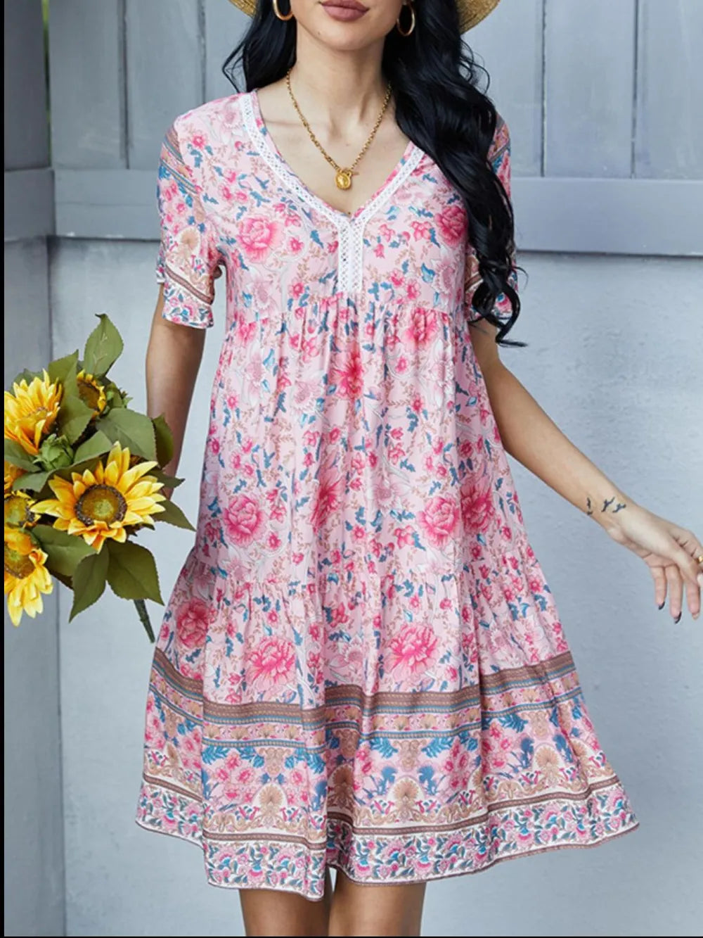 Floral Print V-Neck Summer Dress OutfitFlow