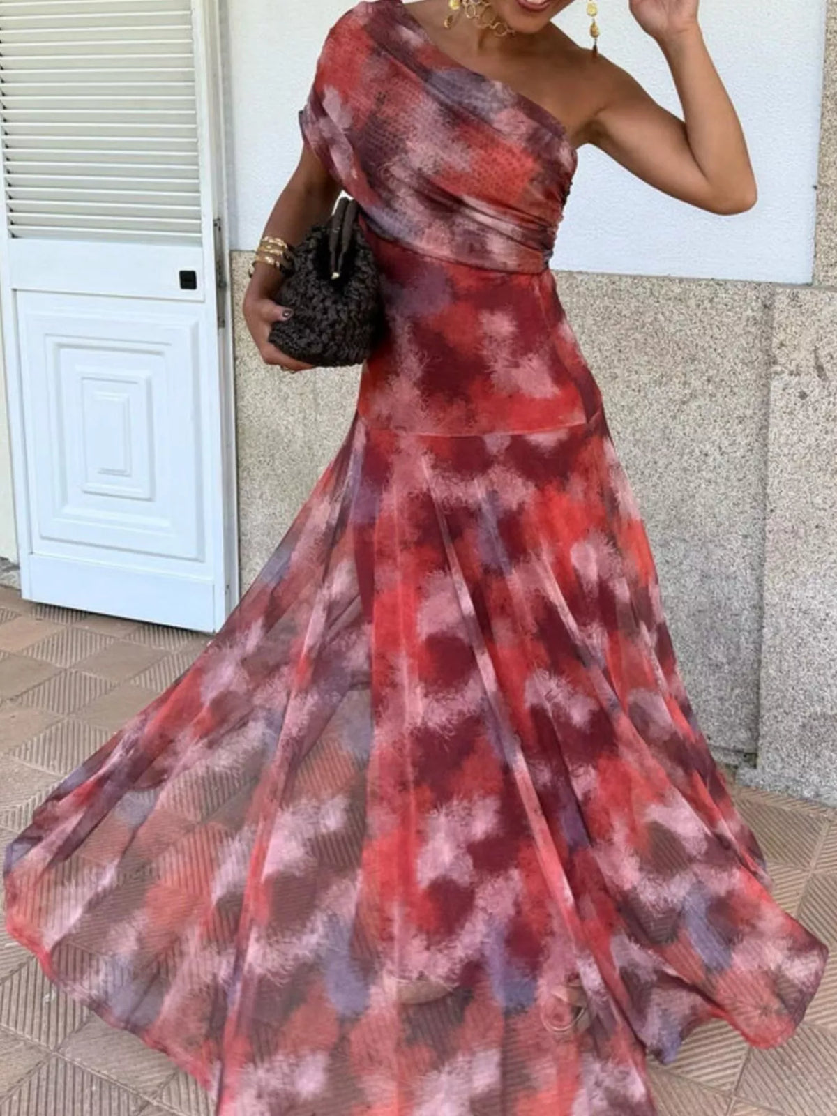Printed Short Sleeve Maxi Dress Red OutfitFlow