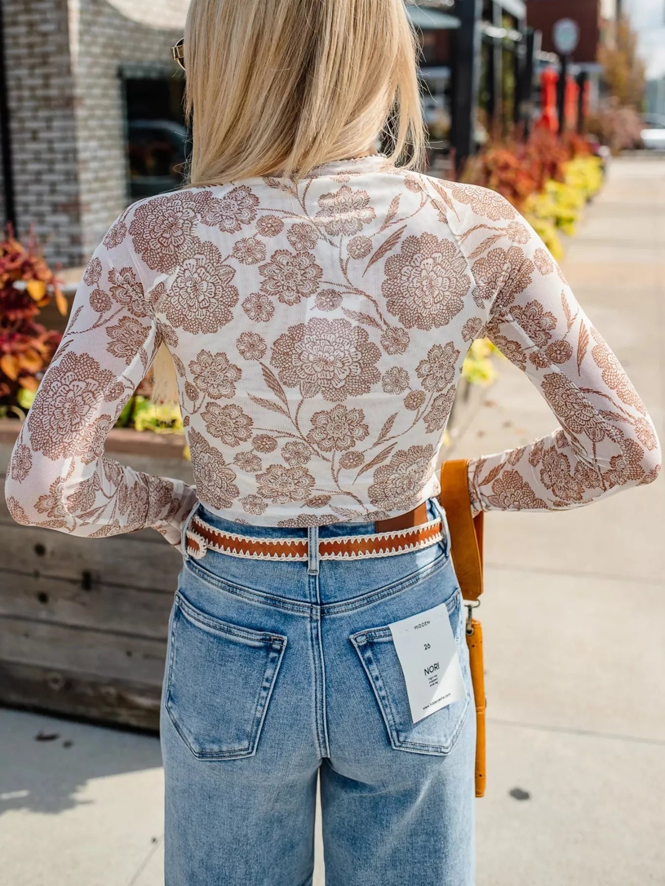 Thumbhole Long Sleeve Floral Print Mesh Top Trendsi