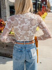 Thumbhole Long Sleeve Floral Print Mesh Top Trendsi