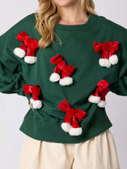 Christmas Long Sleeve Sweatshirt with Pom-Pom Bow Decoration OutfitFlow