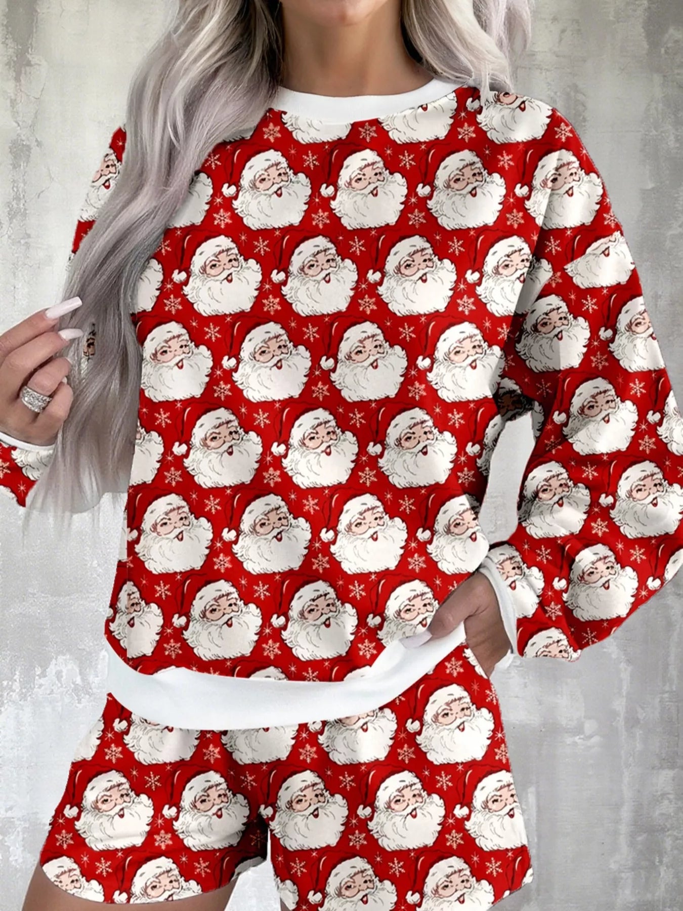 Christmas Santa Print Round Neck Top and Shorts Lounge Set Deep Red OutfitFlow