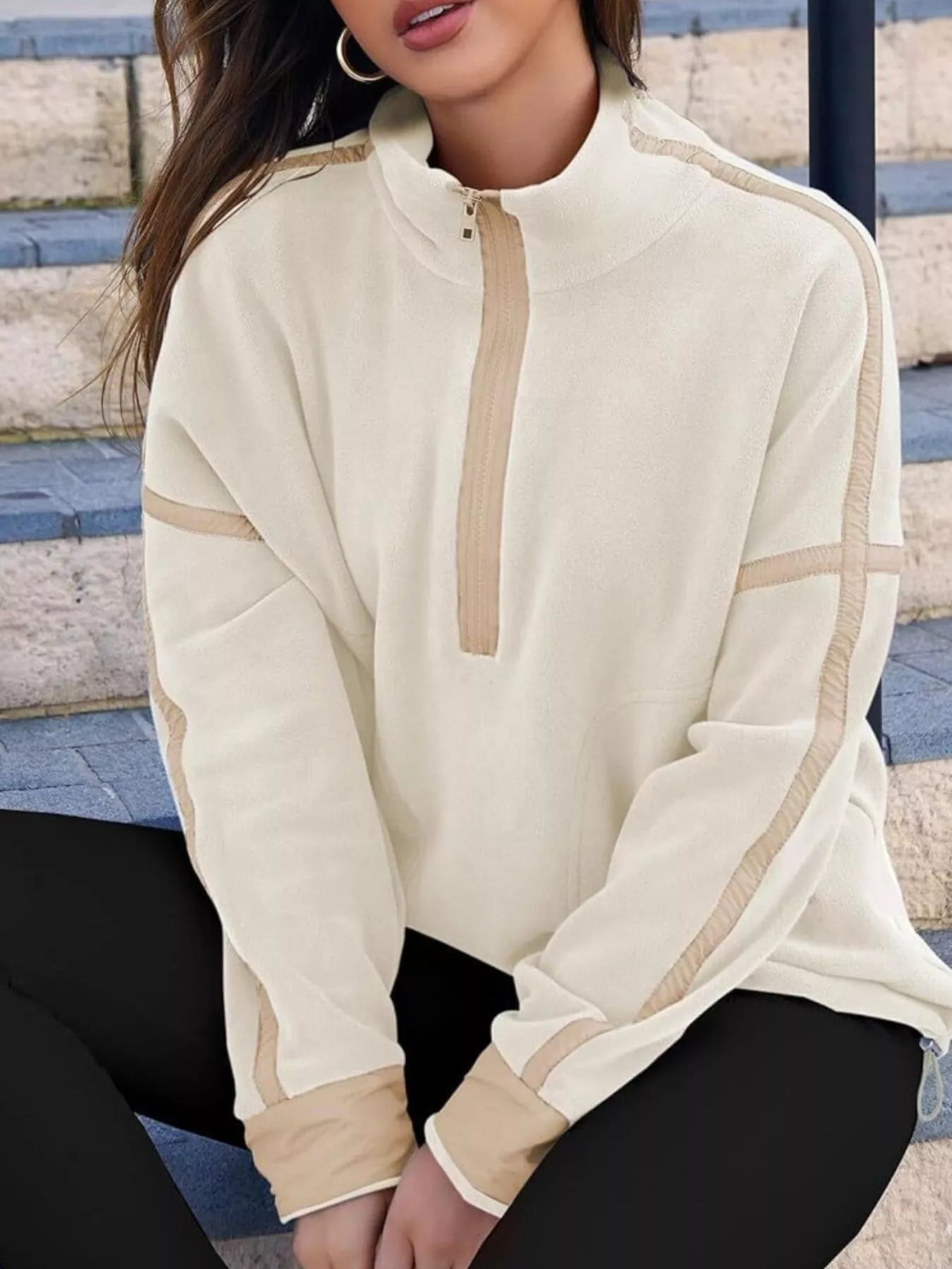Half Zip Dropped Shoulder Sweatshirt Apricot OutfitFlow