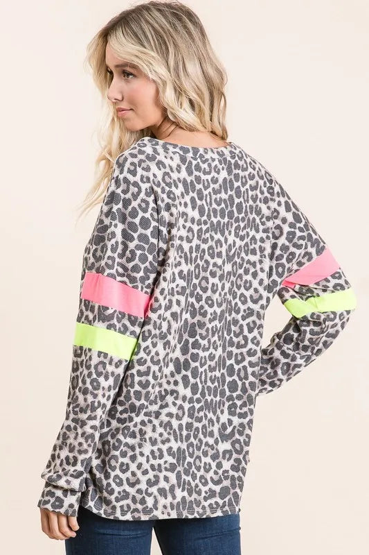 BiBi Leopard Thermal Top with Contrast Color Block OutfitFlow