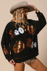BiBi Halloween Theme Sequin Embroideries Sweatshirt Trendsi