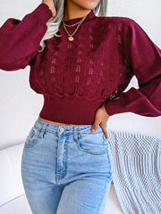 Outfit Flow - Openwork Mock Neck Long Sleeve Cropped Sweater