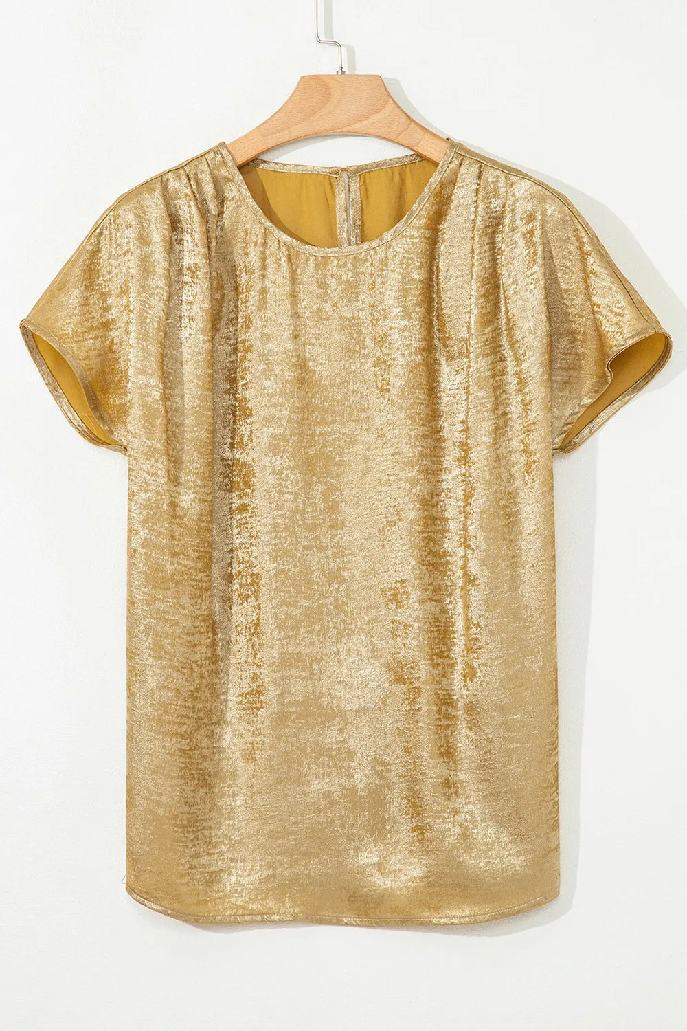 Metallic Gold Short Sleeve Casual Blouse OutfitFlow