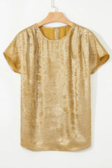 Metallic Gold Short Sleeve Casual Blouse OutfitFlow