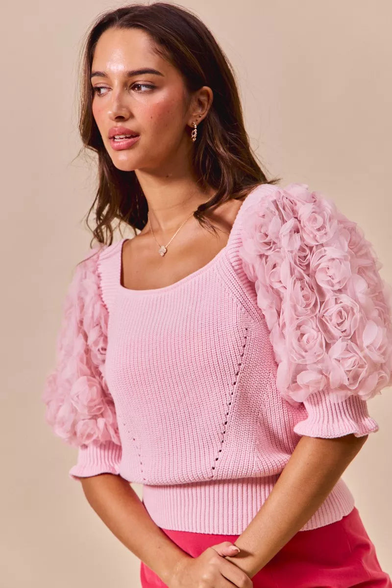 SO ME Rosette Sleeves Square Neck Sweater Knit Top OutfitFlow
