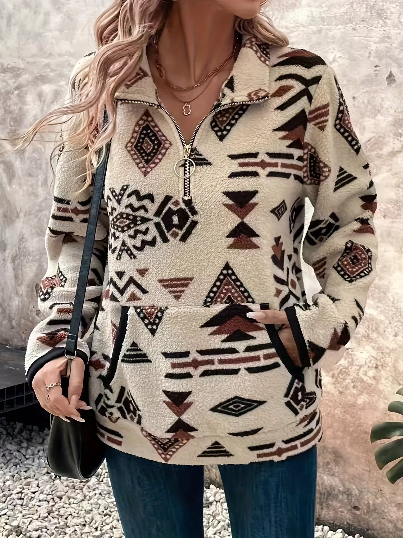Geometric Half Zip Long Sleeve Sweatshirt OutfitFlow