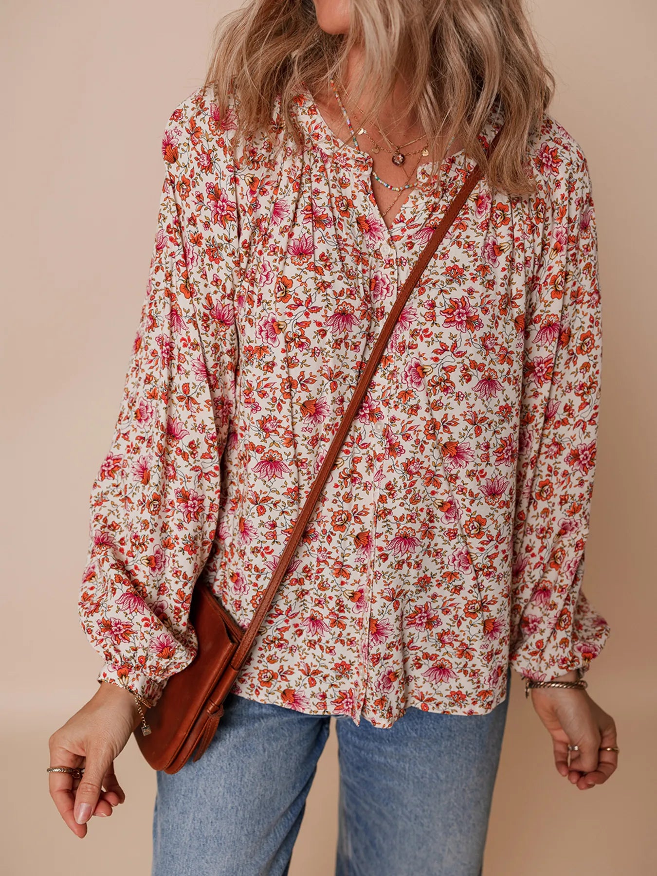 Floral Long Sleeve Button Down Blouse OutfitFlow