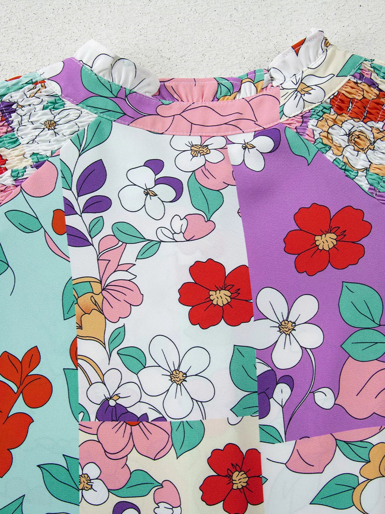 Floral Print Patchwork Frilly Neckline Long Sleeve Shirt Trendsi