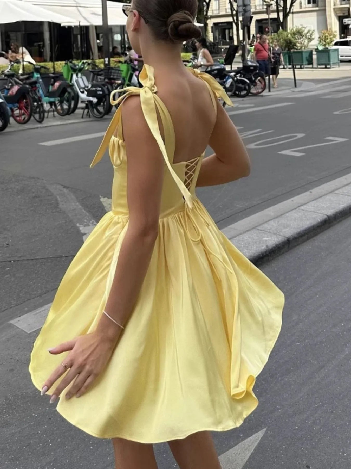 Tie-Shoulder Square Neck Mini Dress OutfitFlow