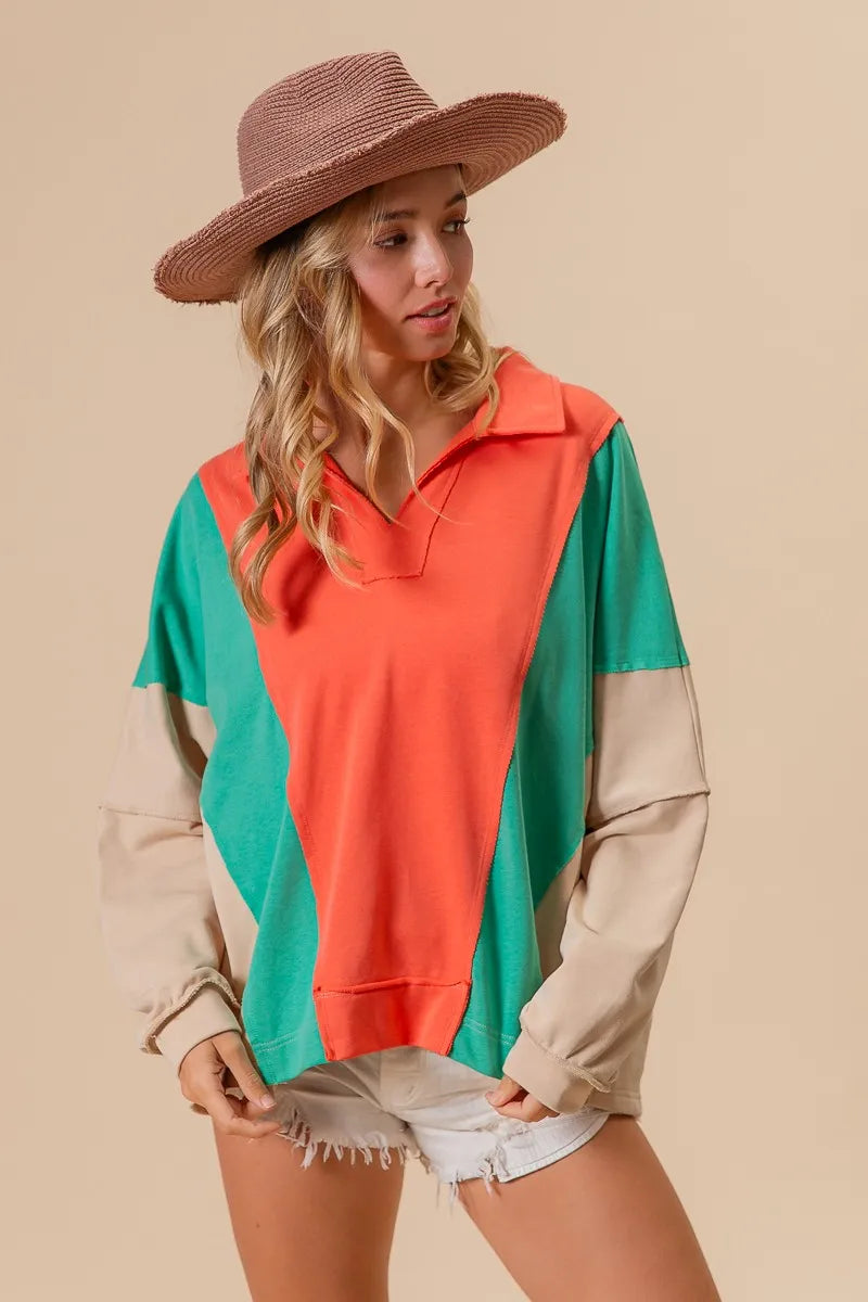 BiBi Colorblock Exposed Seam French Terry Sweatshirt OutfitFlow