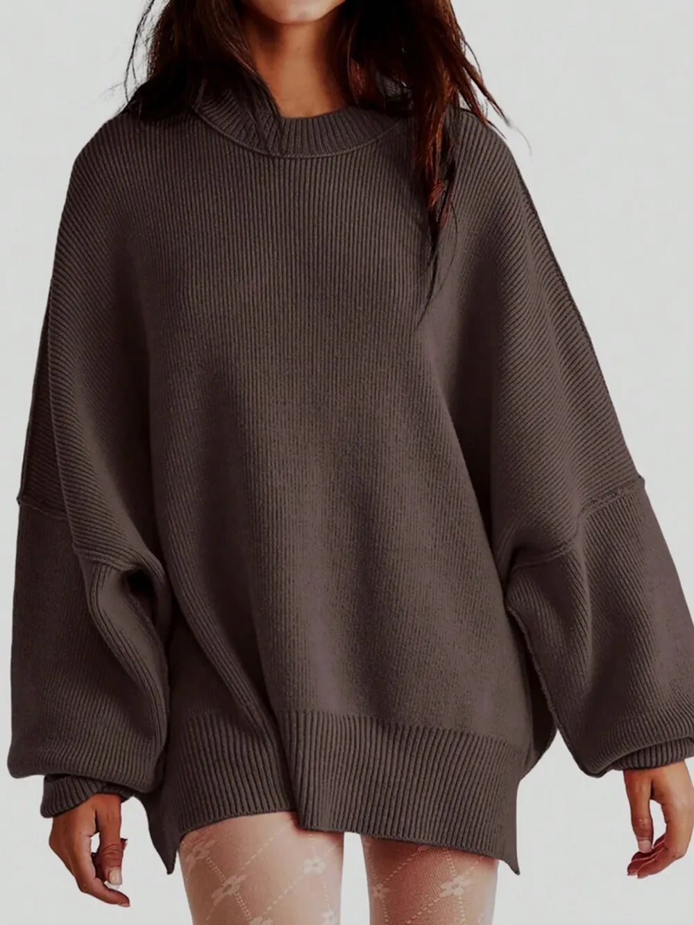 Round Neck Long Sleeve Sweater Chocolate OutfitFlow