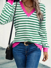 Striped V-Neck Long Sleeve T-Shirt Green OutfitFlow