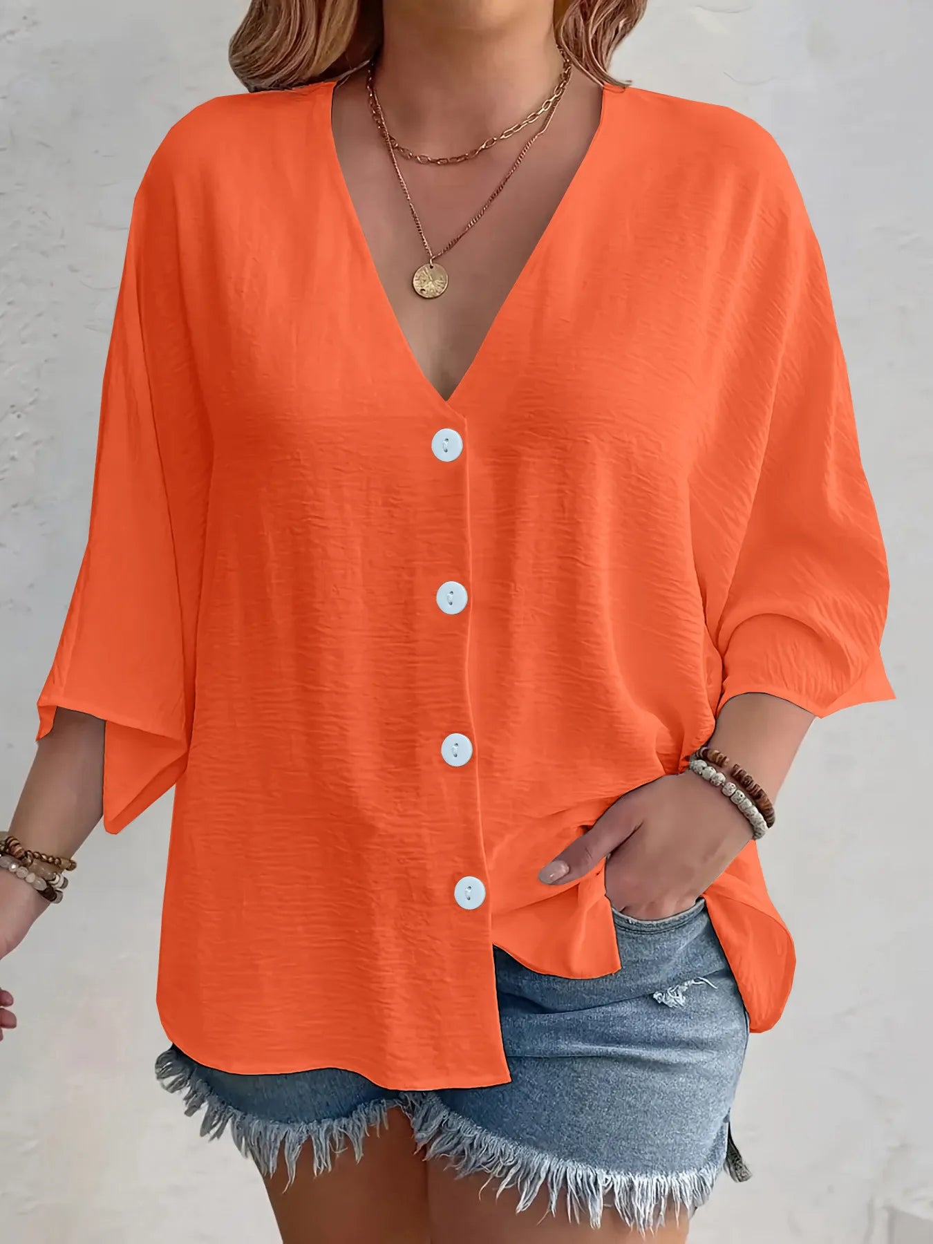 Full Size Casual V-Neck Button Down Relaxed Fit Blouse Plus Size Orange OutfitFlow