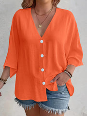 Full Size Casual V-Neck Button Down Relaxed Fit Blouse Plus Size Orange OutfitFlow