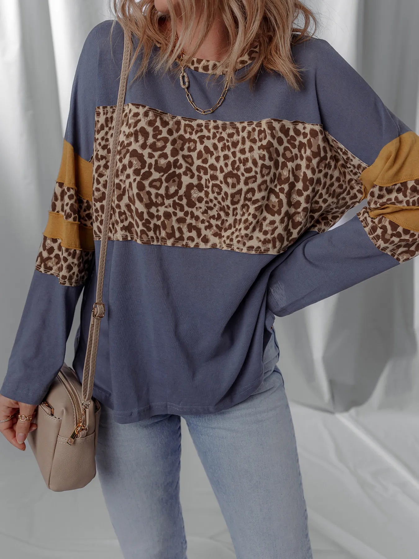 Leopard Color Block Long Sleeve Drop Shoulder Top OutfitFlow
