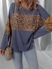 Leopard Color Block Long Sleeve Drop Shoulder Top OutfitFlow