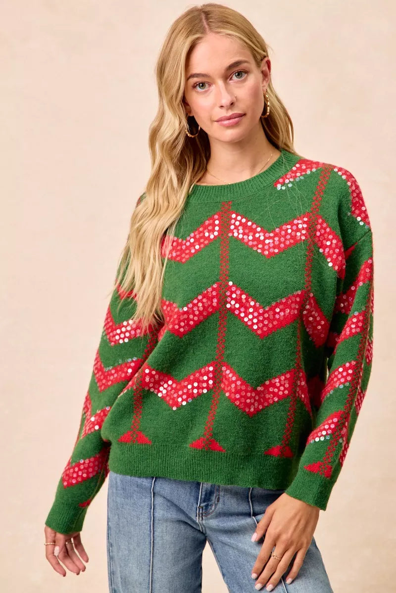 BiBi Christmas Theme Chevron Sequins Detail Sweater OutfitFlow
