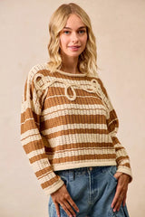 BiBi Striped Open Knit Sweater Top with Front Braided Detail BROWN OutfitFlow