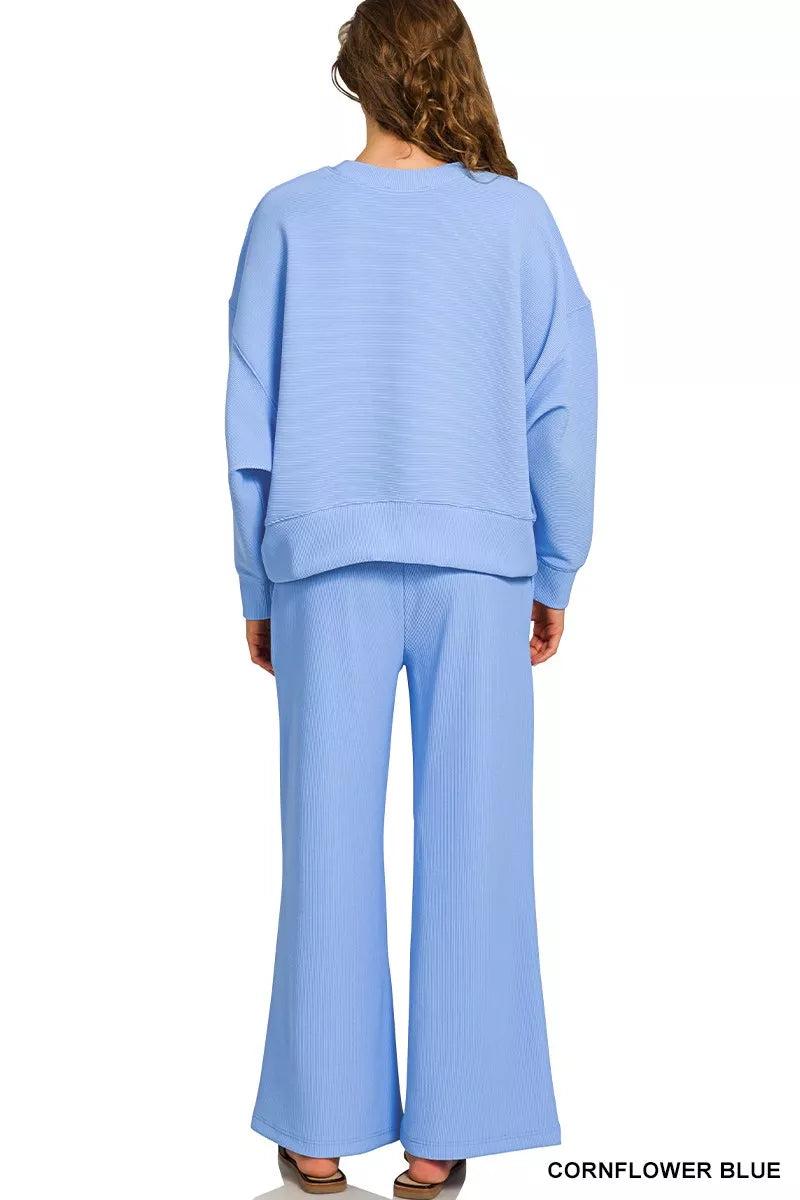 Zenana Ribbed Round Neck Pullover and Drawstring Pants Set OutfitFlow