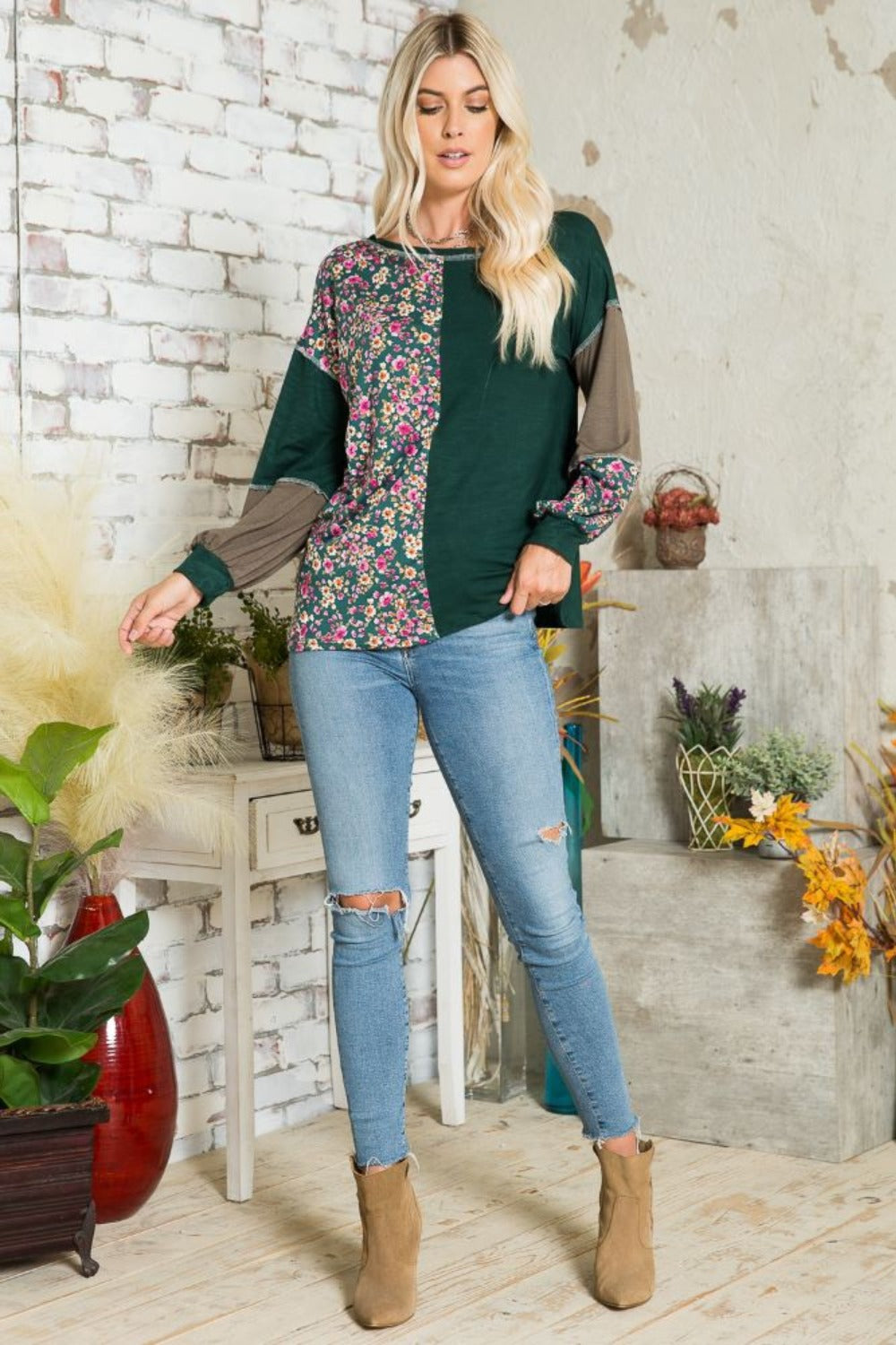 Celeste Full Size Floral Color Block Exposed Seam T-Shirt OutfitFlow