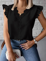 Lace Detail V-Neck Cap Sleeve Blouse Black OutfitFlow