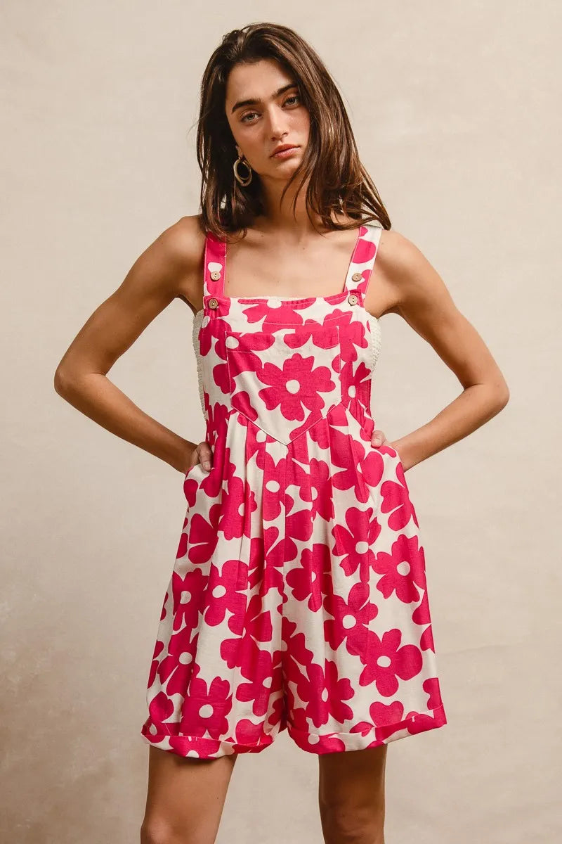 BiBi Floral Prints Tuck Detail Short Overall With Pockets OutfitFlow