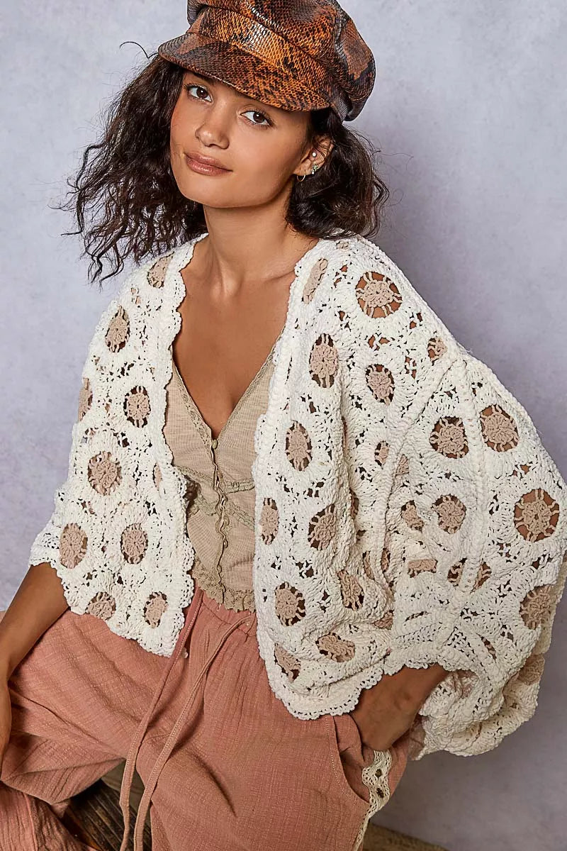 POL Openwork V-Neck Chenille Cardigan with Contrast Floral OutfitFlow