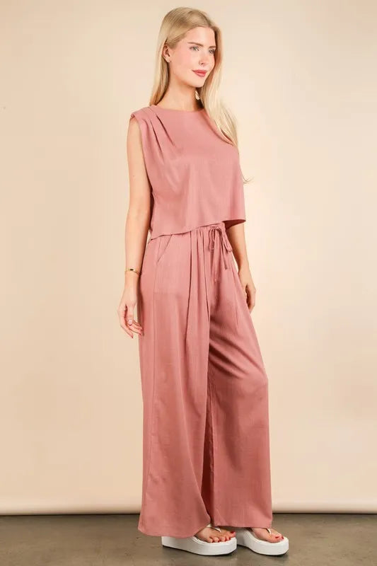 VERY J Solid Woven Top & Pants Set OutfitFlow