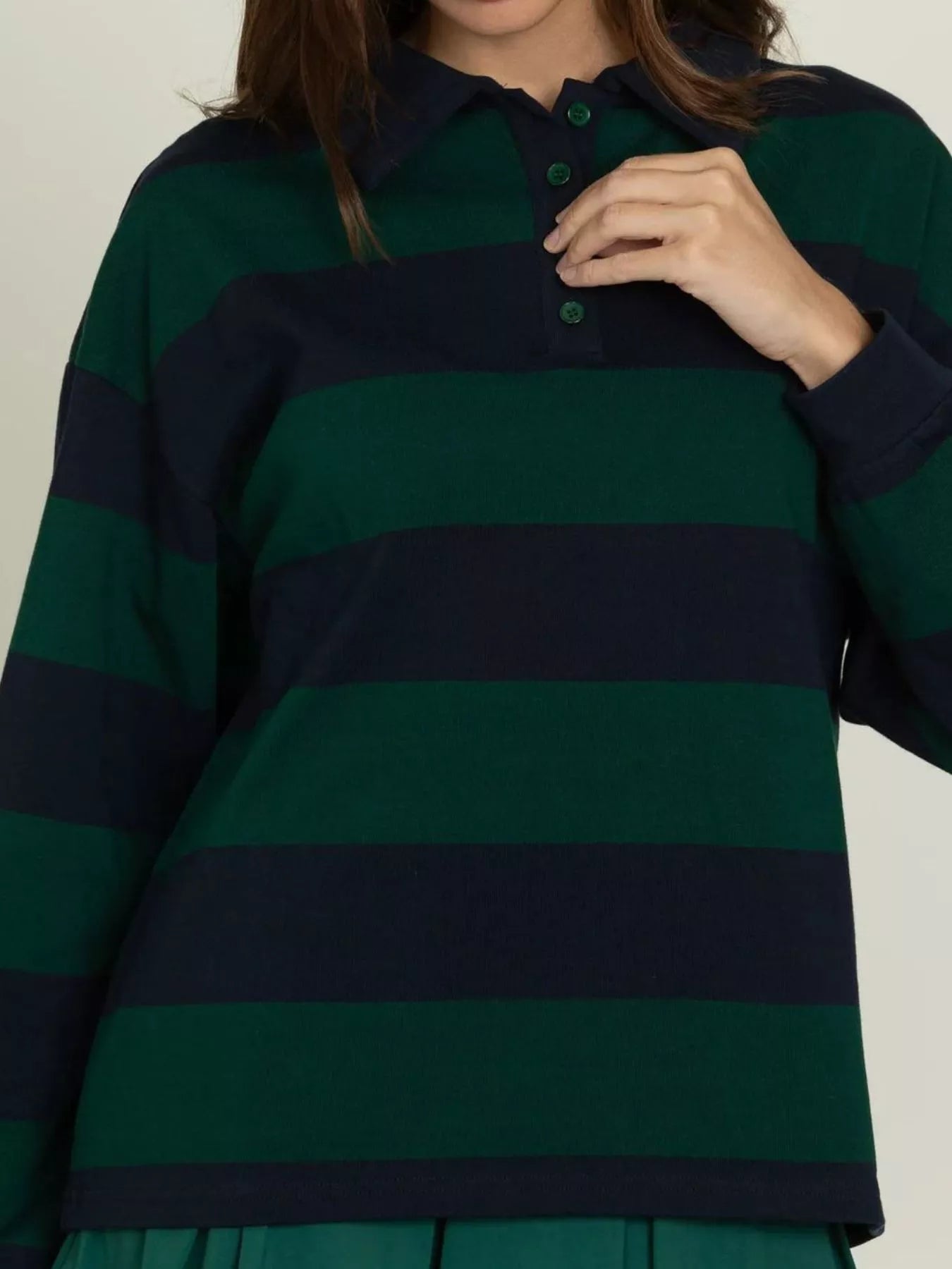 Striped Polo Collar Sweatshirt with Button Details OutfitFlow