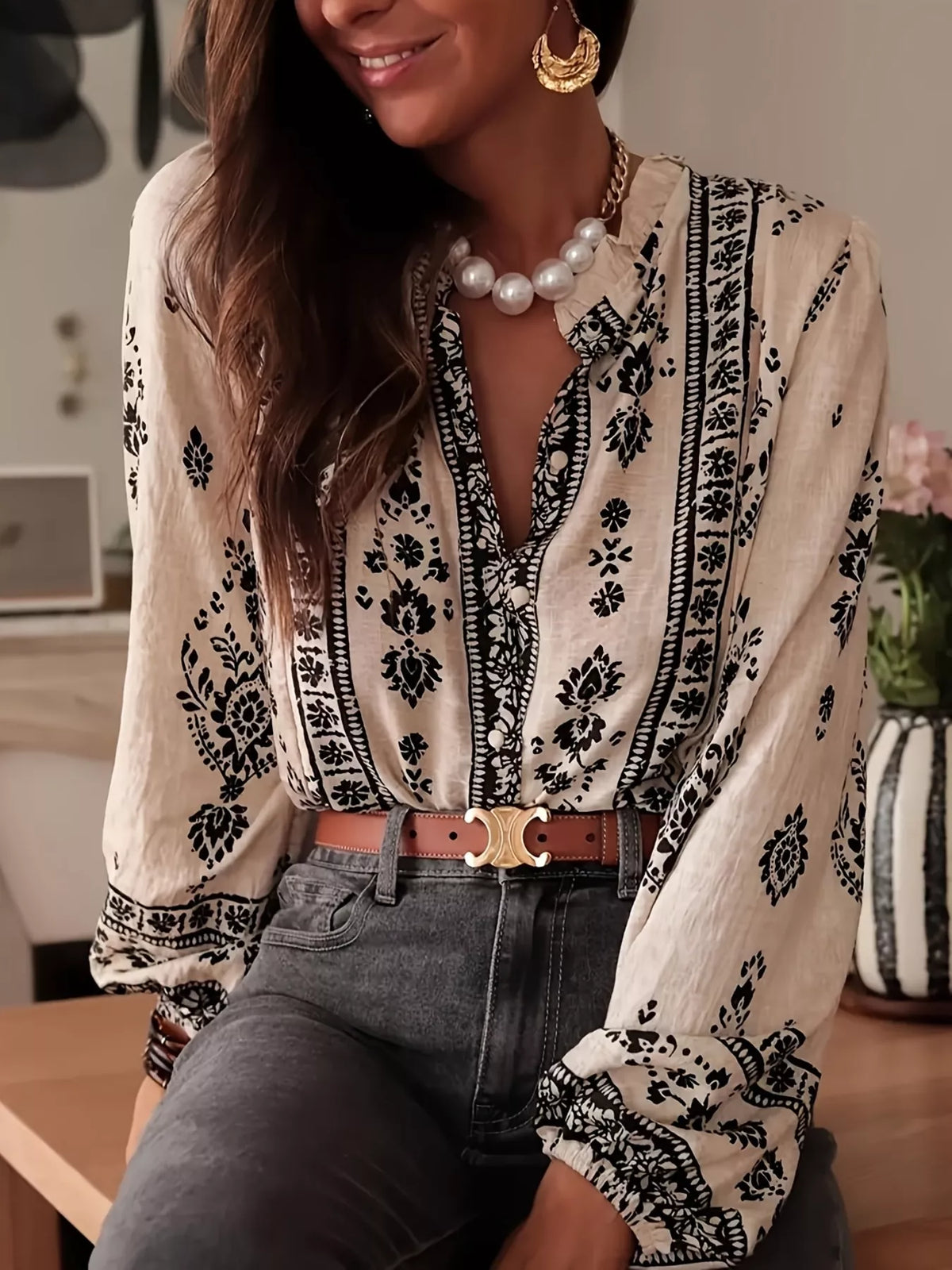 Printed Long Sleeve Blouse Apricot OutfitFlow