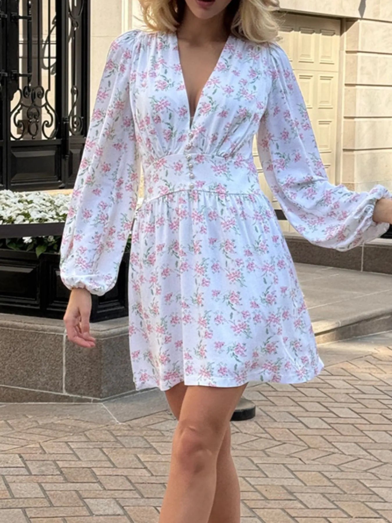 Floral Print Balloon Sleeve Dress OutfitFlow