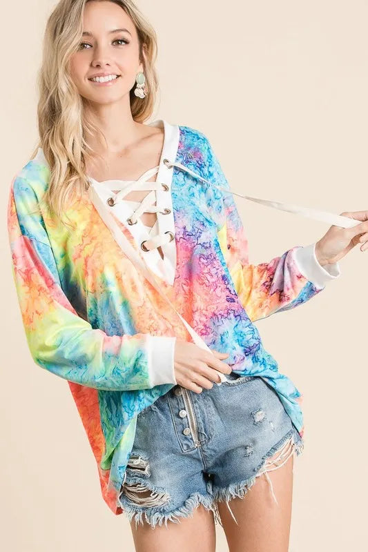 BiBi Tie Dye Deep V-neck Top With Lace Up Front Trendsi