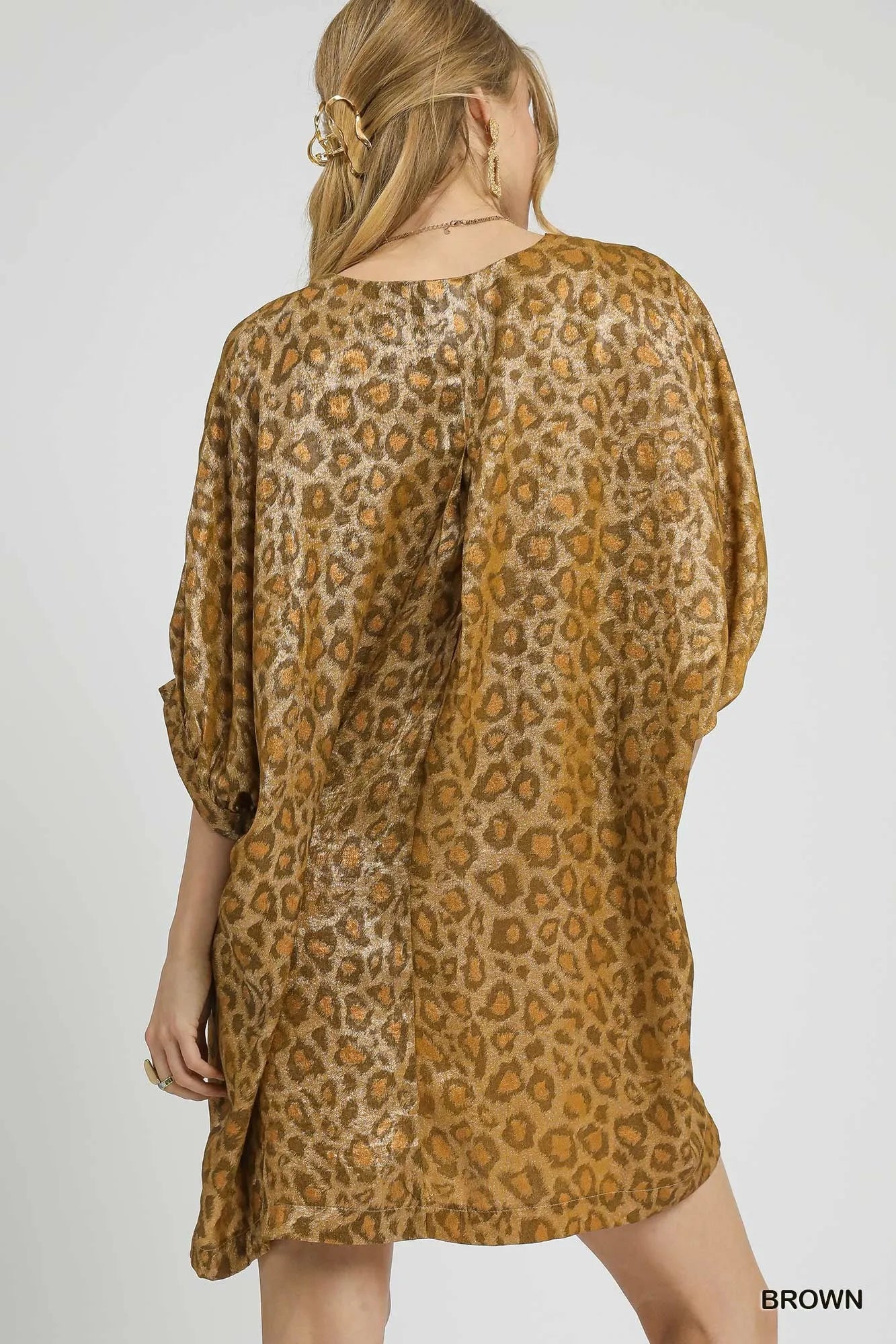 Umgee Metallic Leopard Print V-Neck Kimono Dress OutfitFlow