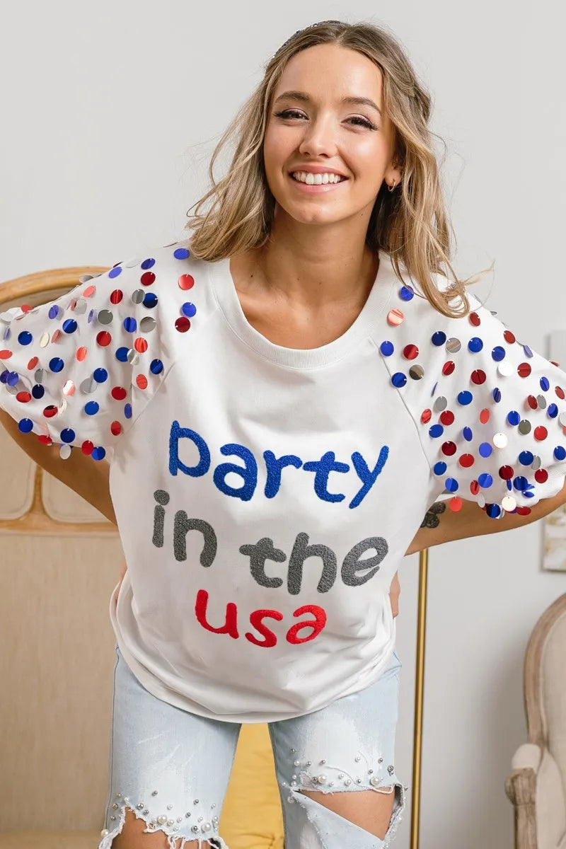 BiBi Party In The Usa Spangle Puff Sleeves Top OutfitFlow