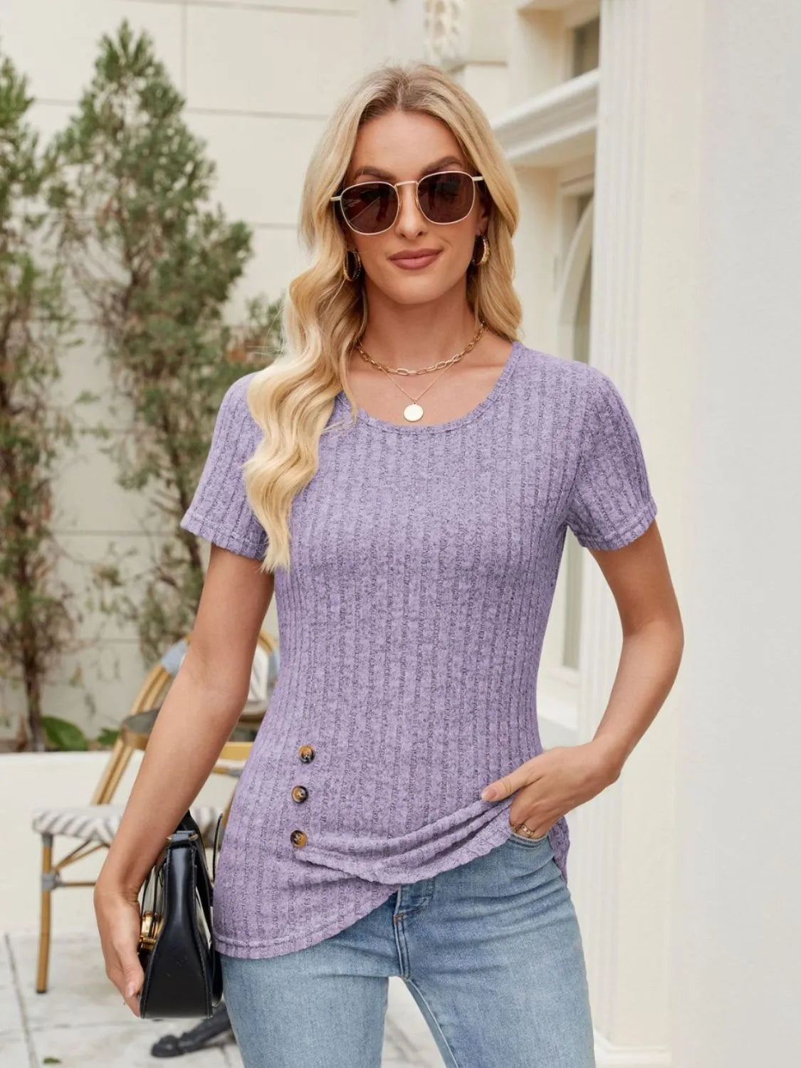 Round Neck Short Sleeve T-Shirt Lavender OutfitFlow