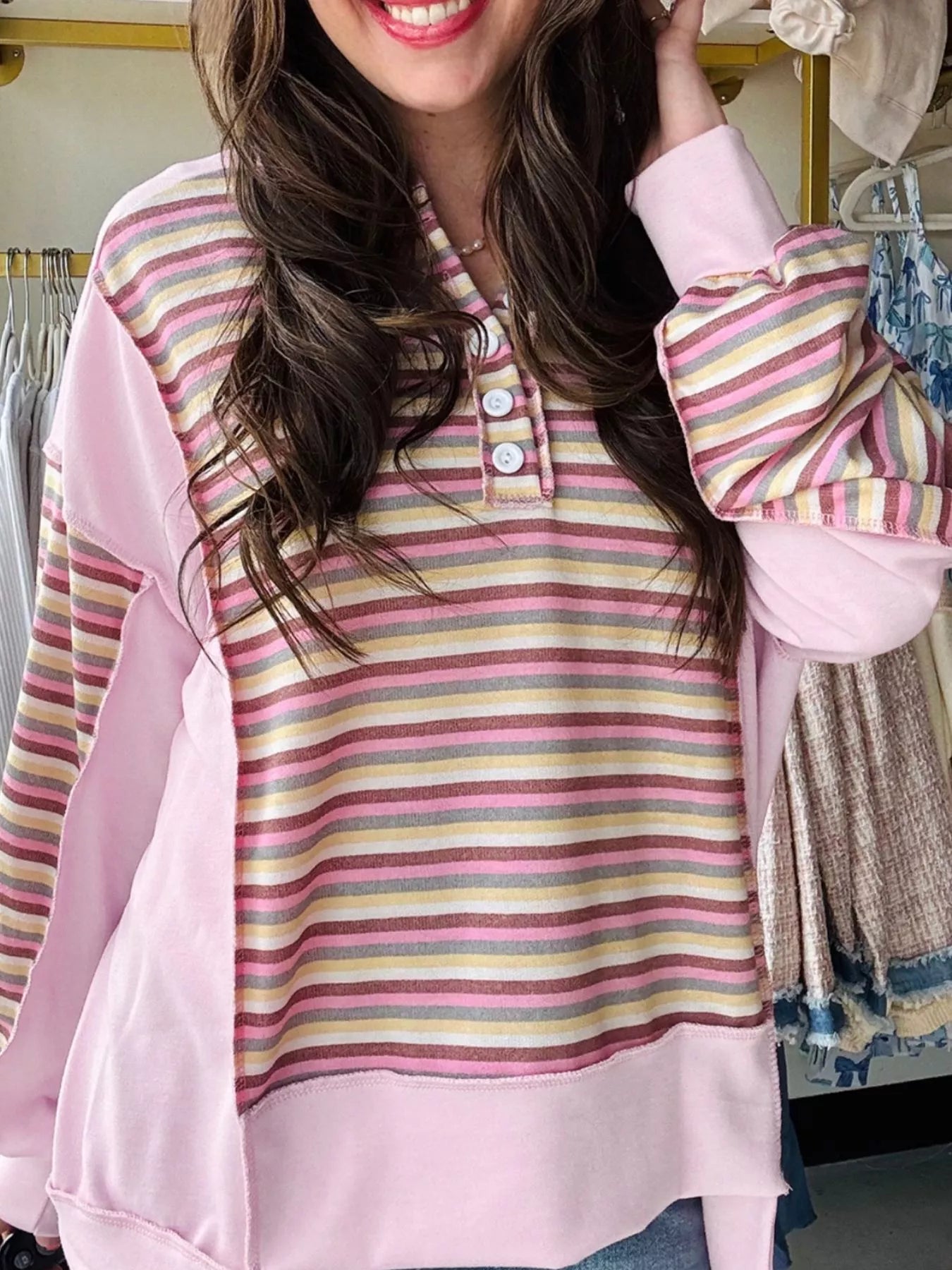 Exposed Seam Color Block Striped Patchwork Loose Henley Sweatshirt Trendsi