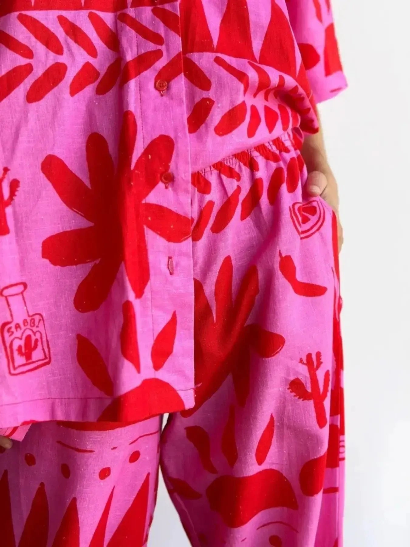 Printed Button Up Shirt and Pants Set OutfitFlow