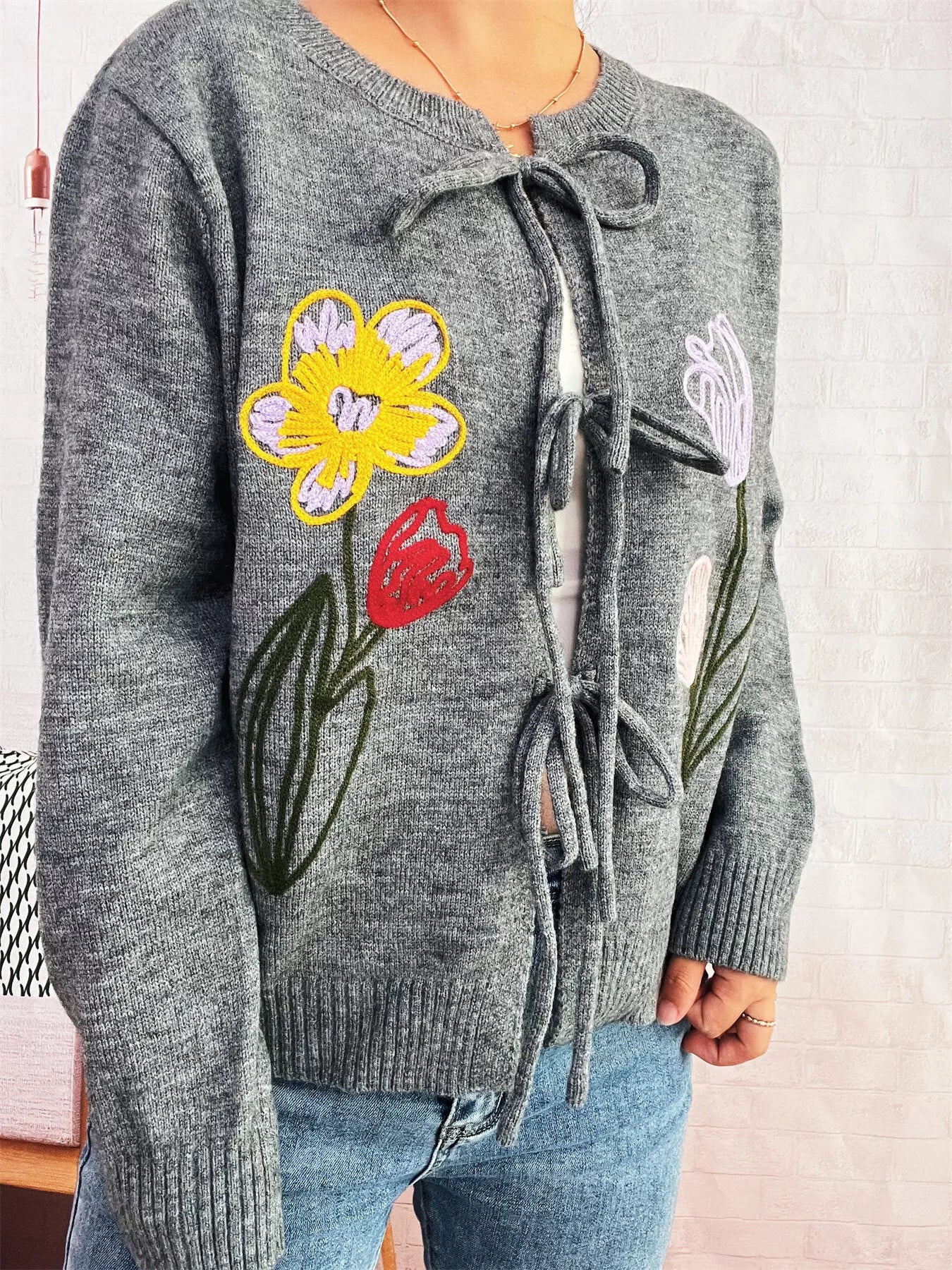 Floral Ribbed Hem Tie Front Cardigan OutfitFlow