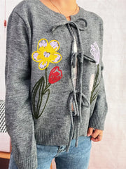 Floral Ribbed Hem Tie Front Cardigan OutfitFlow