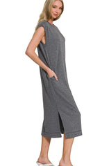 Zenana French Terry Sleeveless Round Neck Midi Dress OutfitFlow