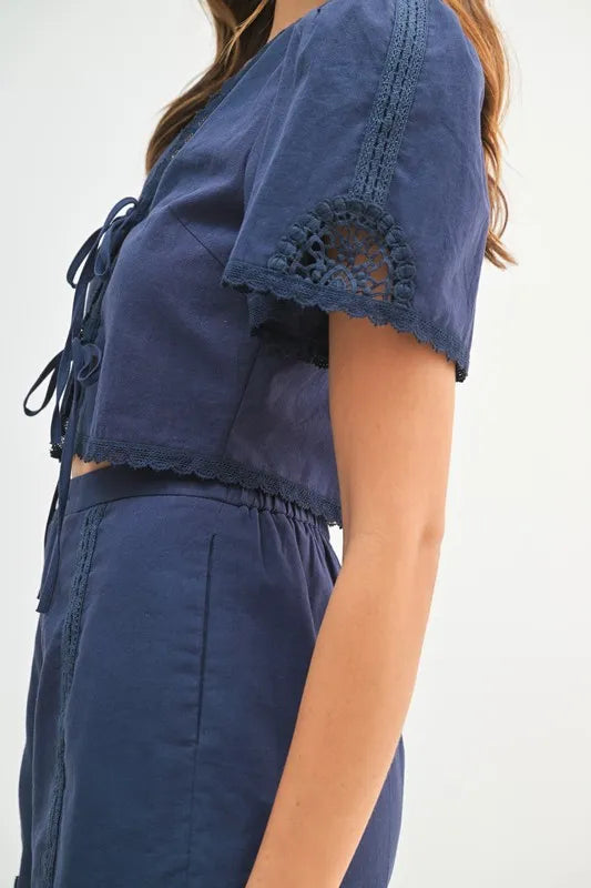 MABLE Crochet Lace Detail Crop Top and Shorts Set OutfitFlow