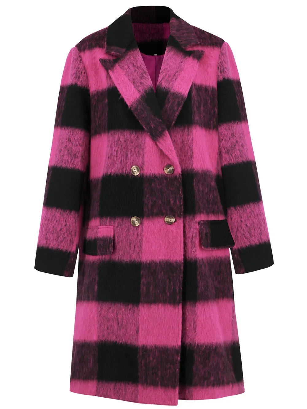 Plaid Double-Breasted Long Sleeve Coat Trendsi