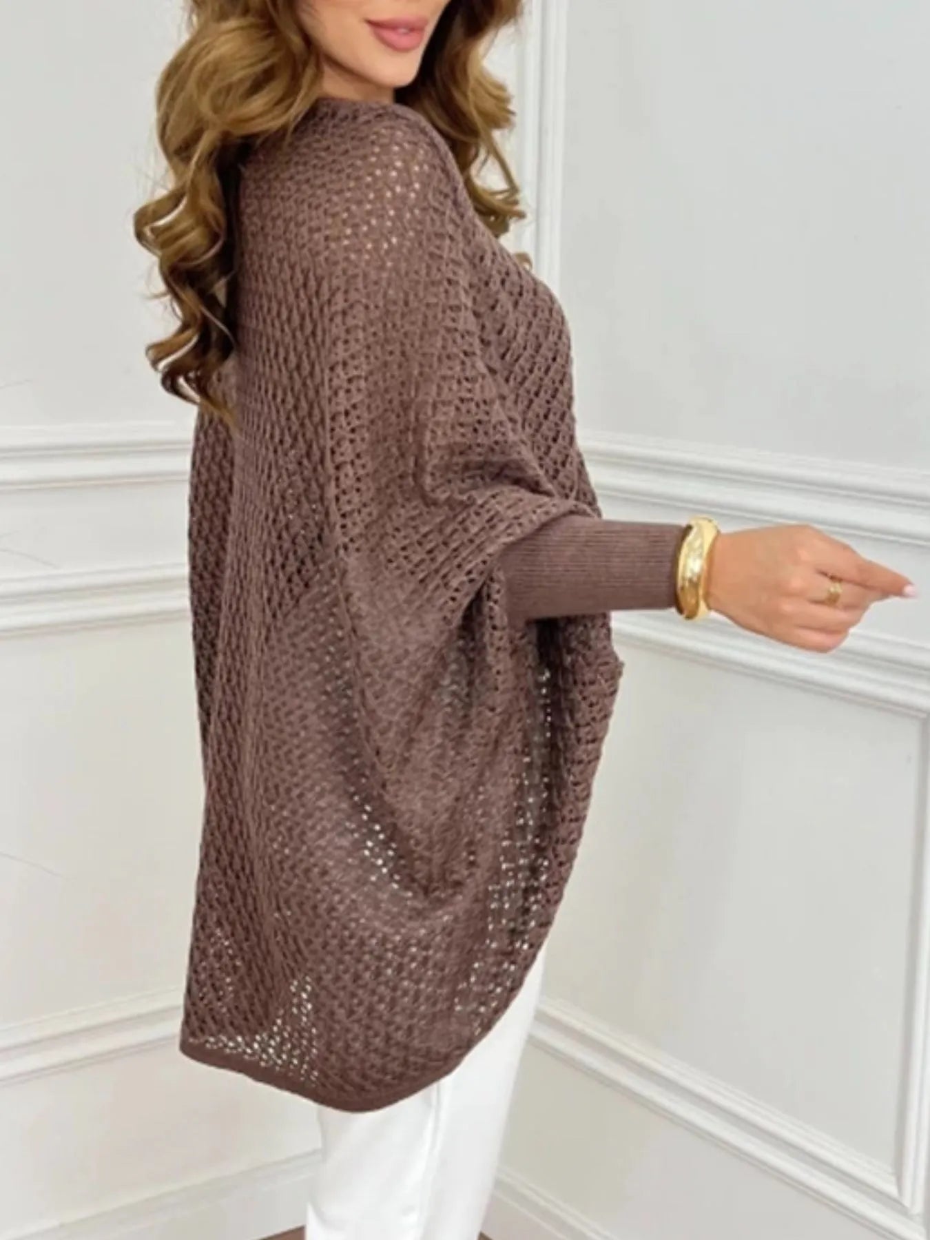 Crochet V-Neck Batwing Sleeves Oversized Sweater OutfitFlow