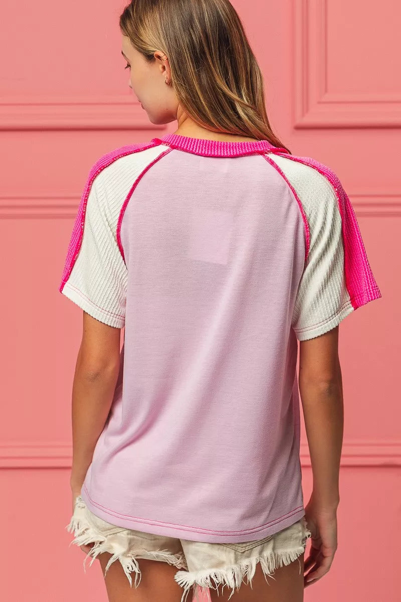 BiBi Cord Rib Combo V Neck Jersey Knit Top OutfitFlow